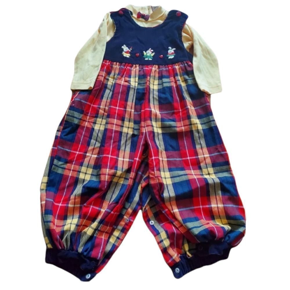 Vintage Bunny Rabbit Easter Overall Plaid Holiday Set Size 24 Months